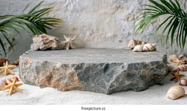 Natural Stone Display Platform with Seashells and Plants