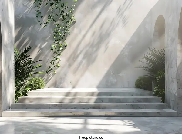 Modern Concrete Staircase with Sunlight and Plants
