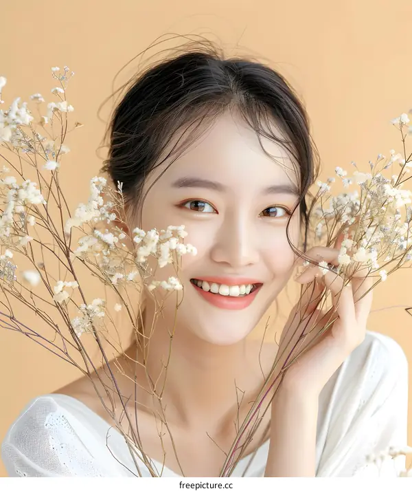 Smiling Asian Woman Holding Dried Flowers