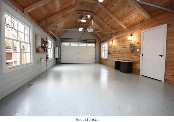 Spacious Garage with Epoxy Flooring and Wooden Walls