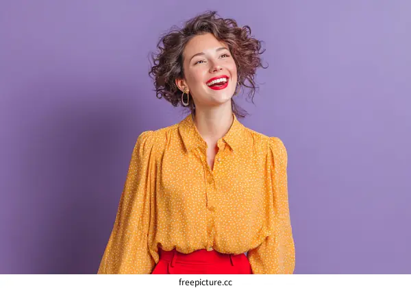 Happy Woman in Yellow Shirt against Purple Background