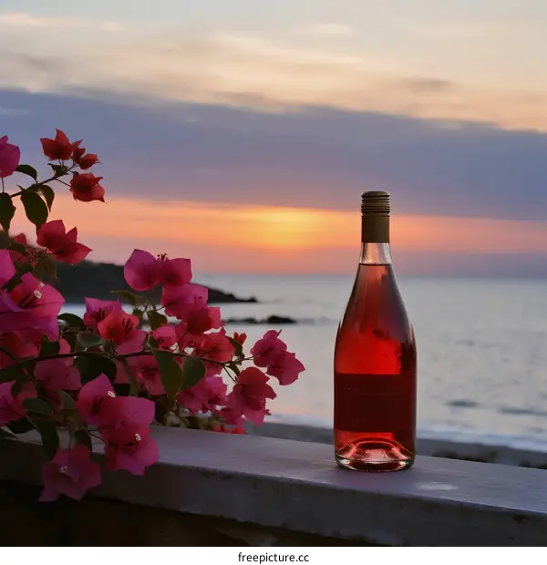 Sunset with pink wine bottle and blooming bougainvillea by the sea
