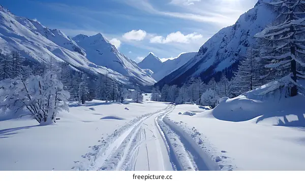 Snowy Trail through a Mountain Valley