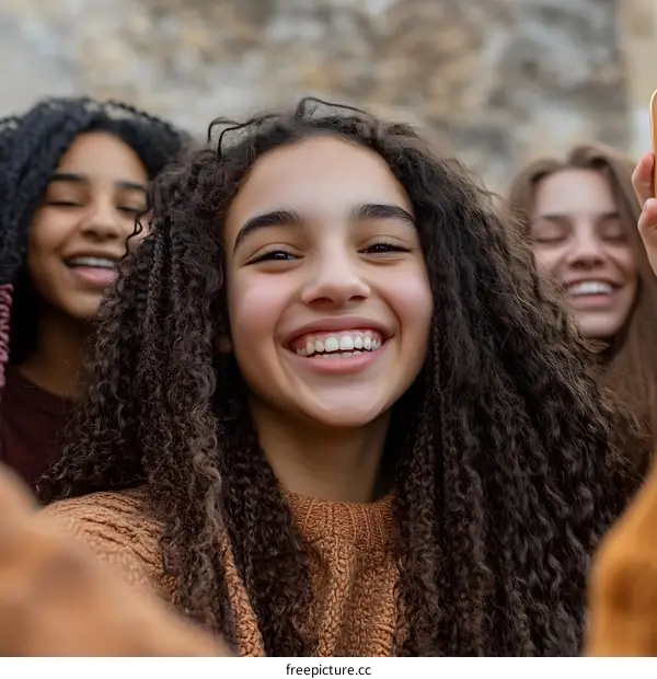 Group of Diverse Teen Girls Taking Selfie with Happy Expressions
