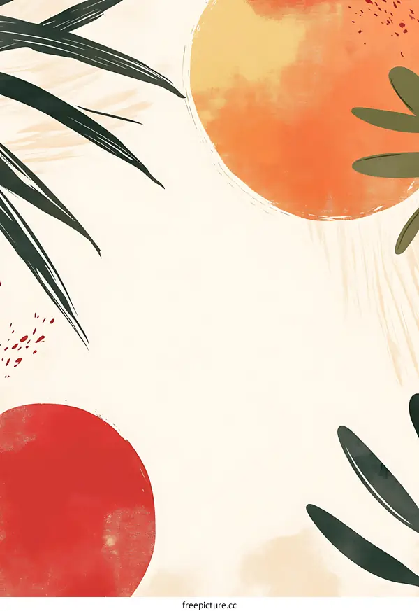 Abstract Minimalist Art Illustration with Leaves and Sun