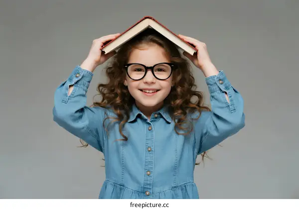 Little girl with glasses holding book on head showing curiosity