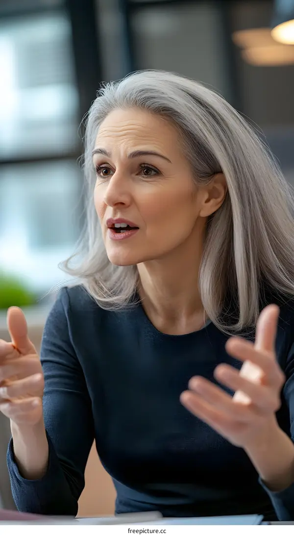 Close Up Portrait of a Woman with Gray Hair Talking
