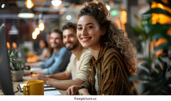 Portrait of a smiling young woman in a casual outfit sitting at a desk in an office with three people in the background