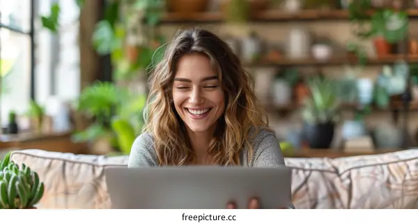 Young woman smiling while using laptop at home