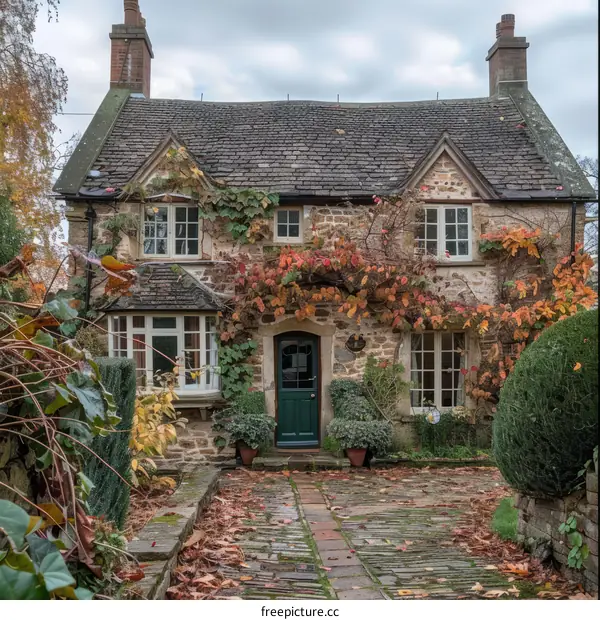 Charming Stone Cottage with Vibrant Autumn Foliage