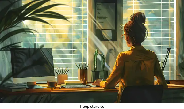 girl sitting at desk looking out window