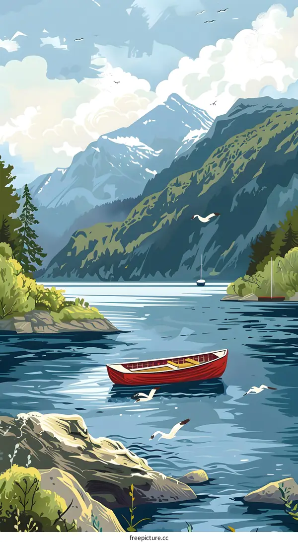 Scenic Mountain Lake Landscape Illustration