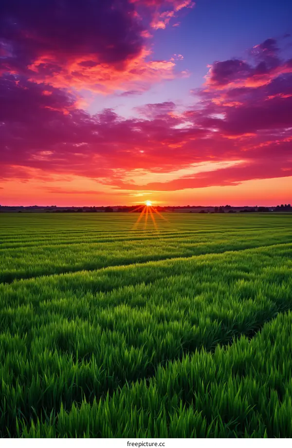 Field of green wheat under the setting sun