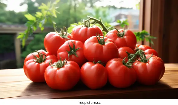 A close-up image of a pile of ripe red tomatoes on a wooden table