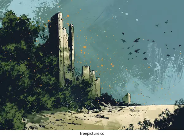 Ruined Buildings with Birds Flying in the Sky