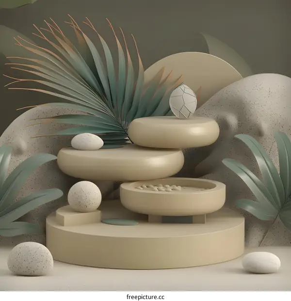 Abstract Minimalist 3D Still Life with Palm Leaves and Geometric Shapes