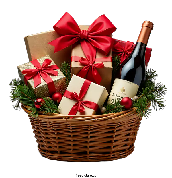 [Transparent Background PNG]Christmas Gift Basket with Wine