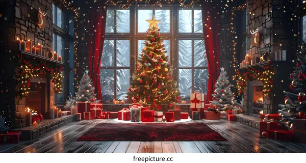 Christmas tree by the fireplace