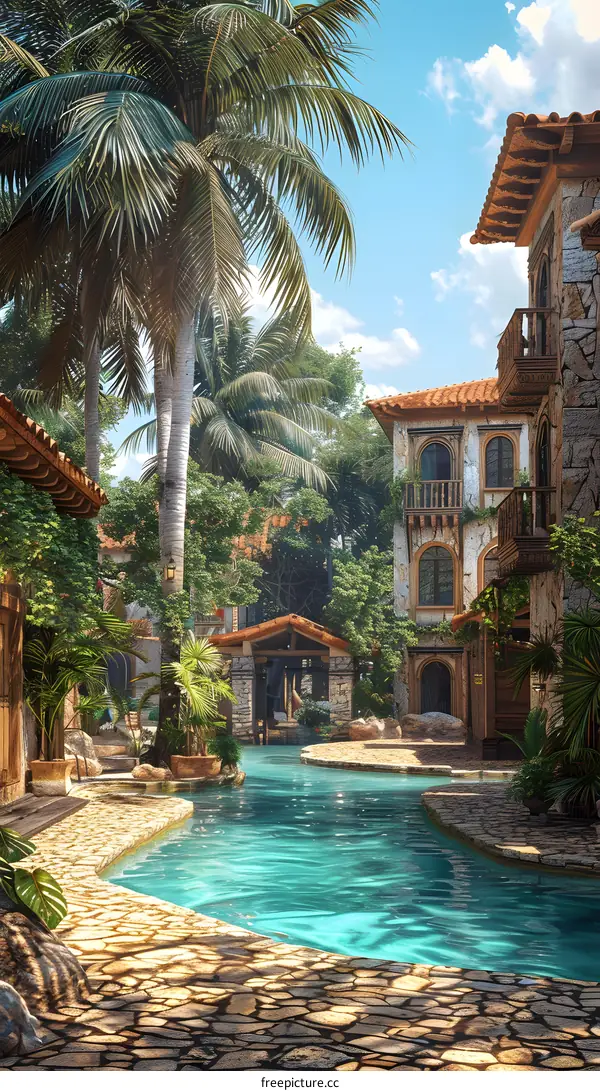 Tropical Paradise Village Pool with Palm Trees and Stone Buildings