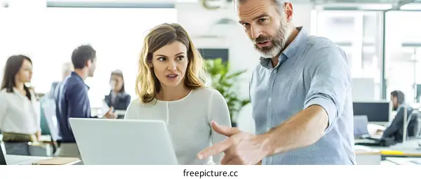 Business Colleagues Working Together On Laptop In Modern Office