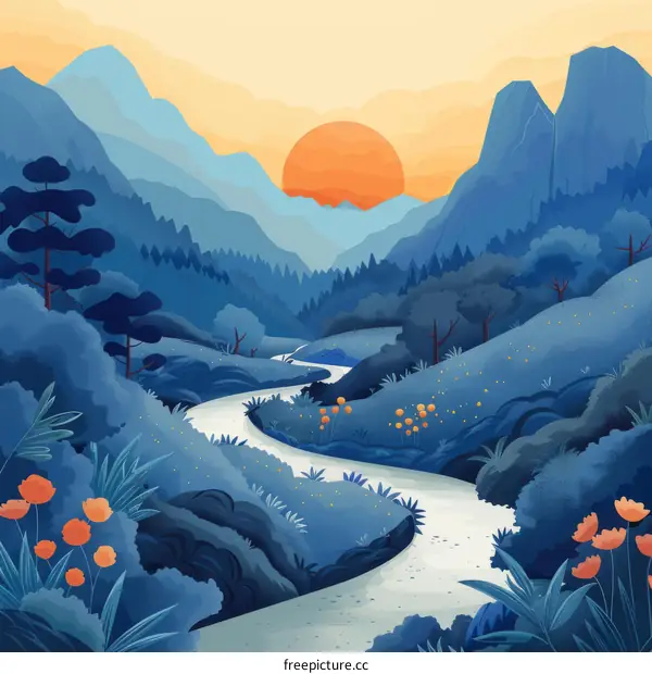 Serpentine Road Through Majestic Blue Mountains at Sunset