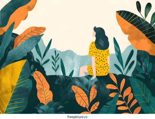 Woman Sitting on a Mountain with Leaves