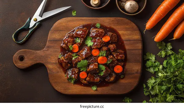 Beef Stew with Carrots and Cilantro on Wooden Cutting Board