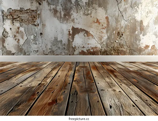 Old Wooden Floor with Cracked Wall Background