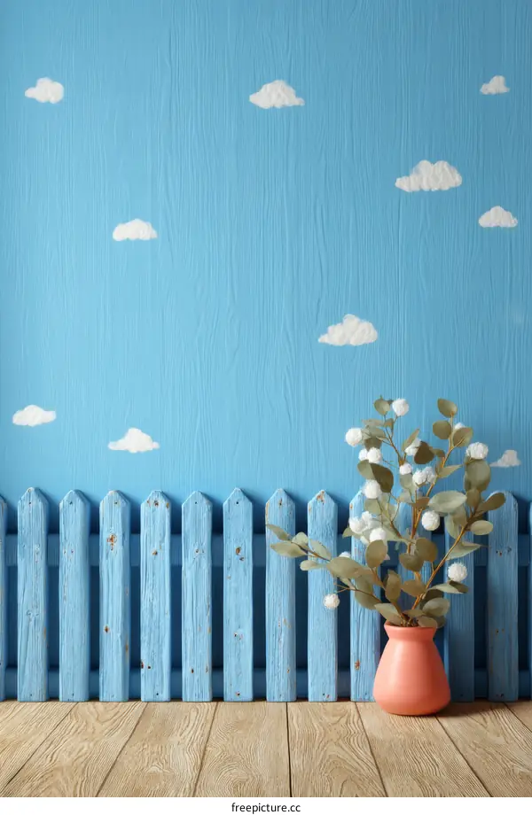Charming Blue Wooden Fence with Clouds and Flowers
