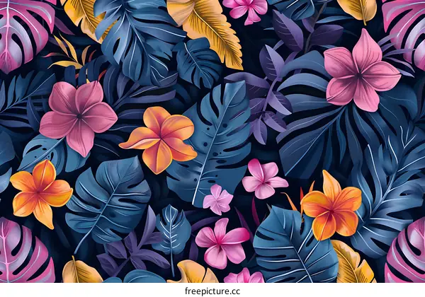 Tropical Leaves and Flowers Seamless Pattern Illustration