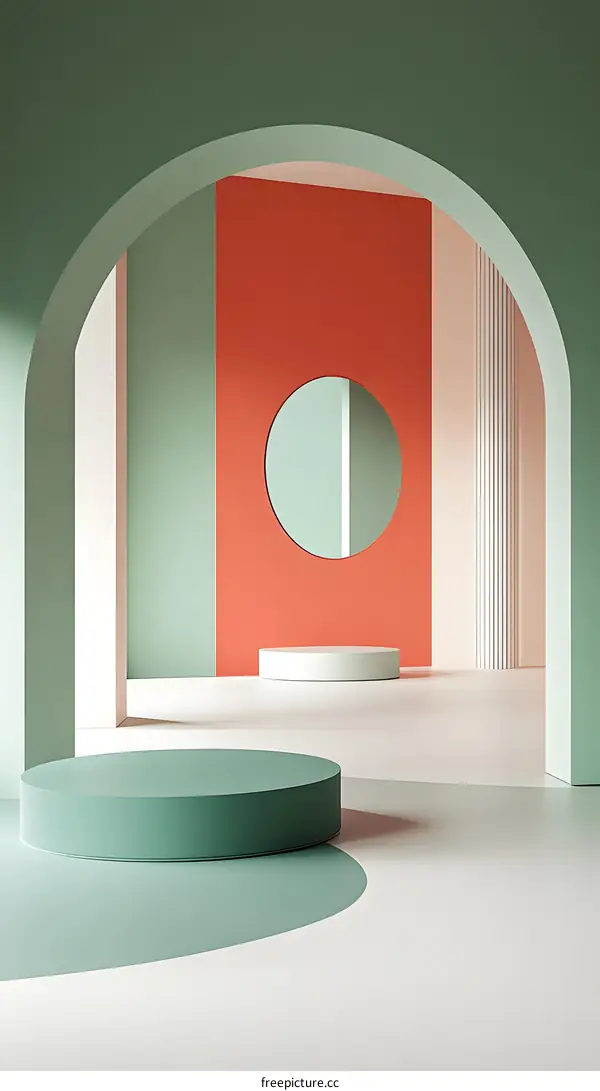 Abstract Minimalist Green and Orange Archway Interior Design with Circle Platform