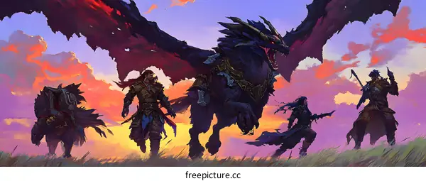 Fantasy Illustration of Warriors and Dragon in Sunset