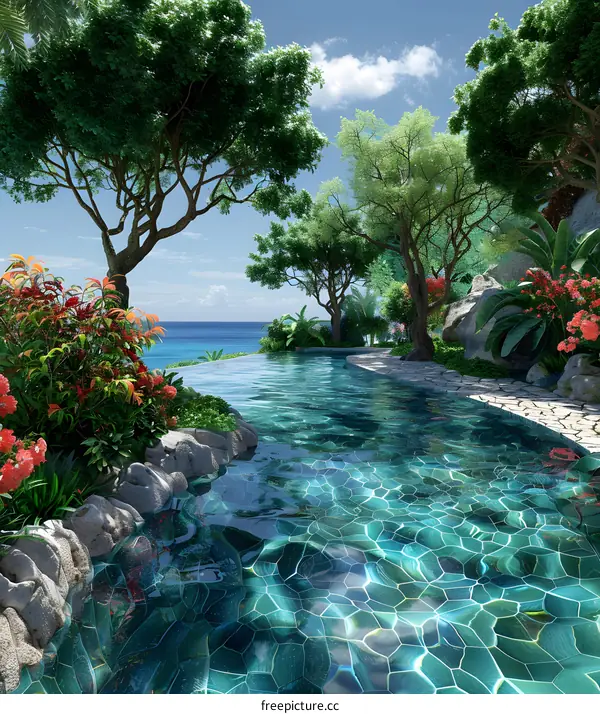 A luxurious swimming pool on a tropical island