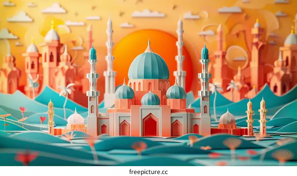 Intricate Paper Cut Illustration of a Mosque with Blue Domes