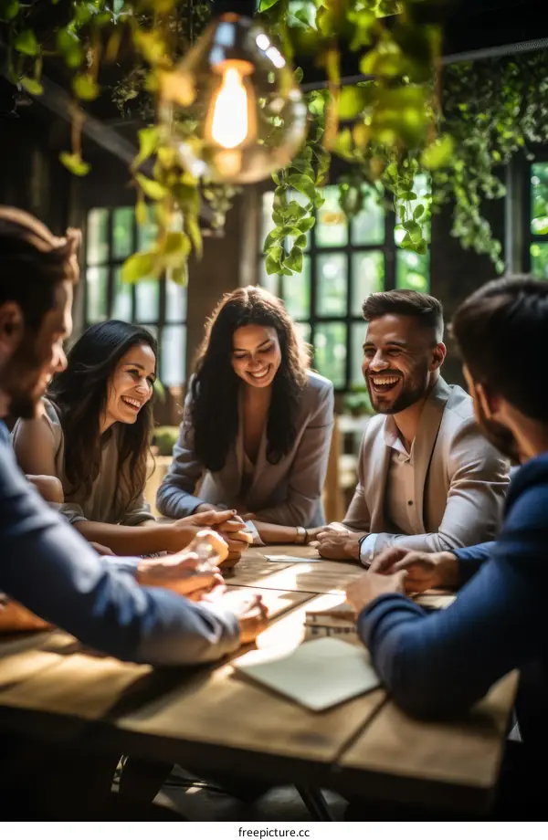 A group of people are sitting around a table and talking