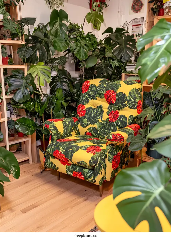 Yellow Floral Armchair Surrounded by Plants