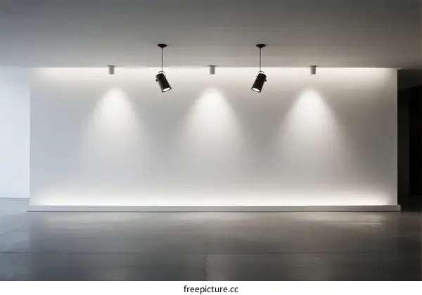 Minimalist white wall with spotlights in an empty room