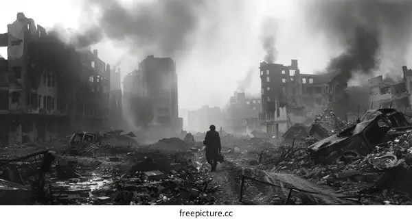 A soldier walking through a destroyed city