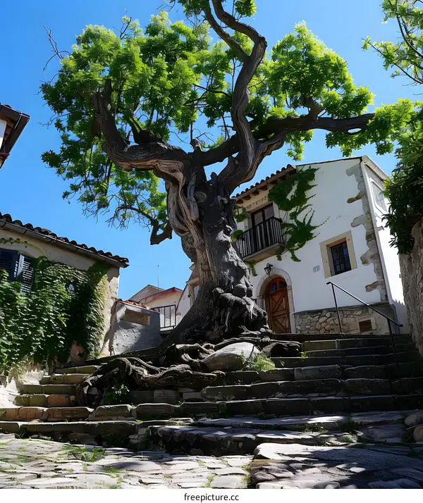 Large Tree in a Cobblestone Square