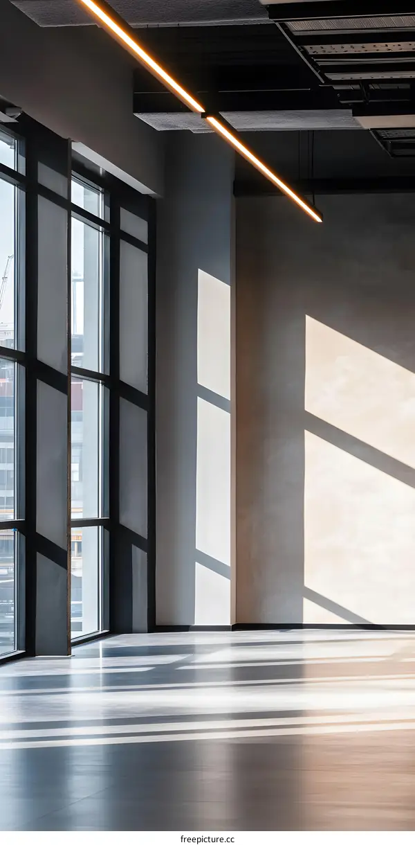 Modern Empty Office Space with Large Windows and Sunlight