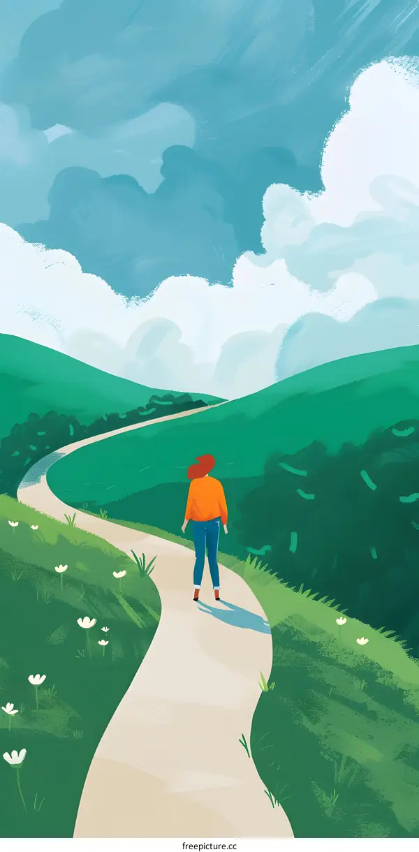 Woman Walking on Winding Path in Green Hills