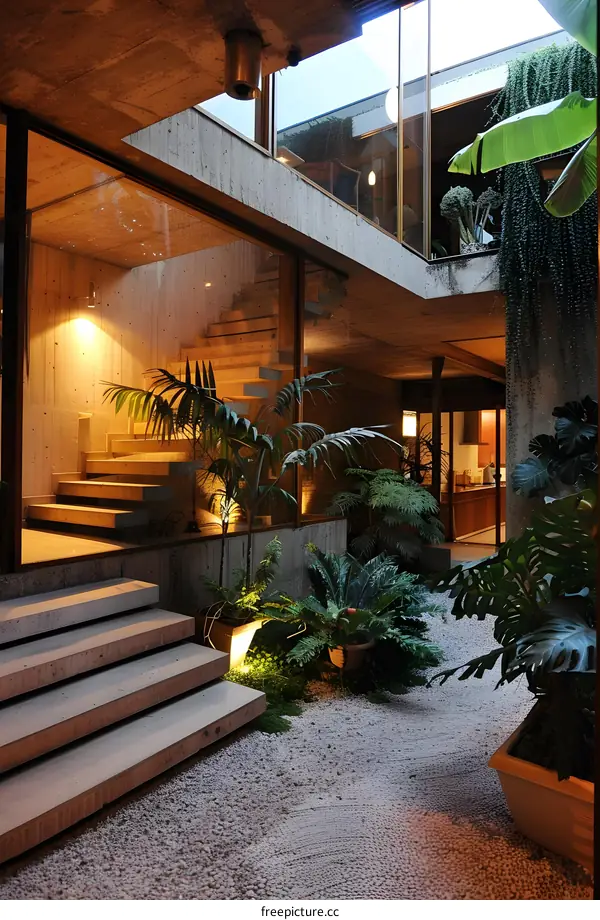 Modern Architecture With Interior Courtyard And Stairs