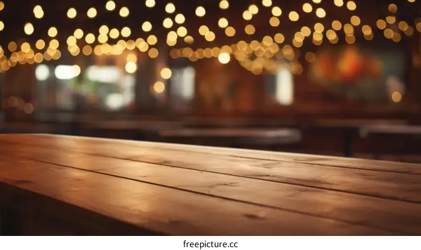 An Empty Wooden Table with a Blurred Background of String Lights