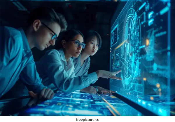 Group of scientists discussing a project using a futuristic interface