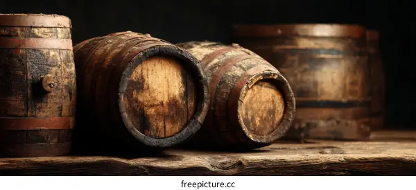 Old Wooden Barrels on a Rustic Tabletop