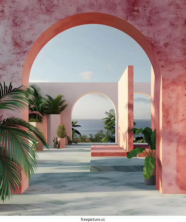 Pink Archway with Sea View Tropical Minimalist Architecture Design