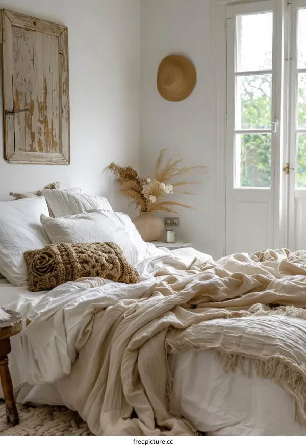 Cozy Neutral Bedroom with Earthy Elements and Natural Textures