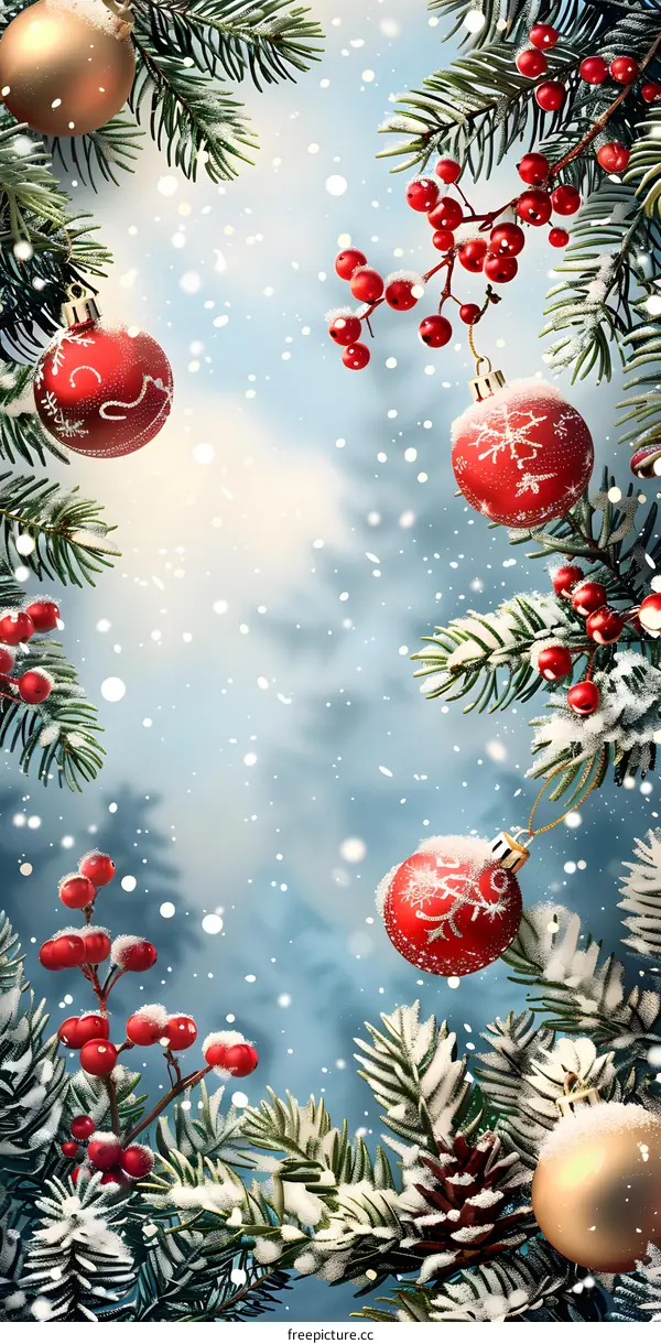 Christmas ornaments hanging on a snowy pine tree branch with red berries