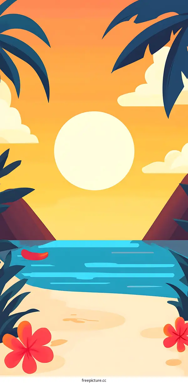 Tropical Sunset Beach Landscape Illustration