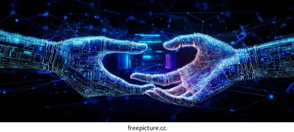 Futuristic Cybernetic Hands in Digital Embrace